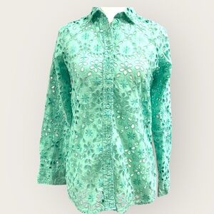 J.Crew Eyelet Floral Embroidered Button-Up Shirt‎ Mint Teal Green S/M
